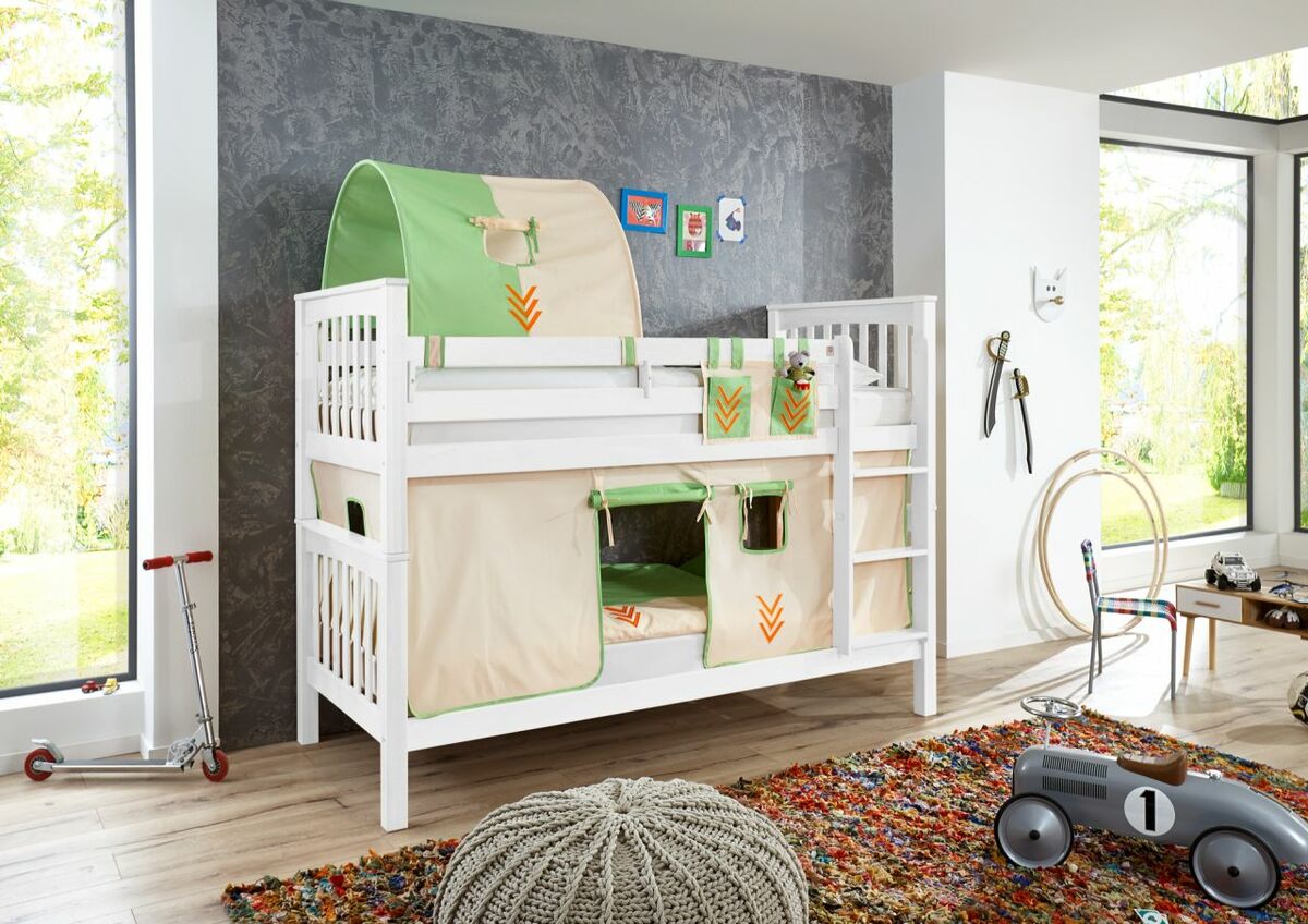 Bild 1 von Relita Etagenbett Kick Buche massiv weiß lackiert mit Textilset best. aus Vorhang, 1-er Tunnel und T