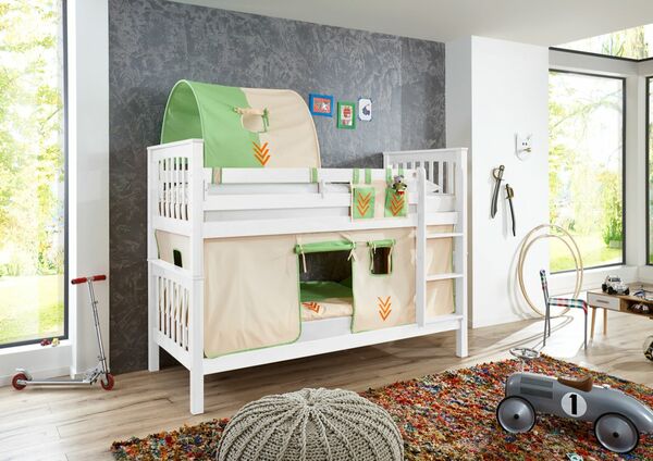 Bild 1 von Relita Etagenbett Kick Buche massiv weiß lackiert mit Textilset best. aus Vorhang, 1-er Tunnel und T