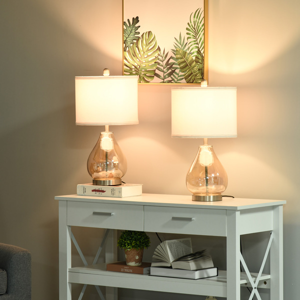 Bild 2 von HOMCOM 2-Set Tischlampen Tischleuchten E27-Fassung Nachttischlampe 40 W Glas Leinen Stahl Bernstein