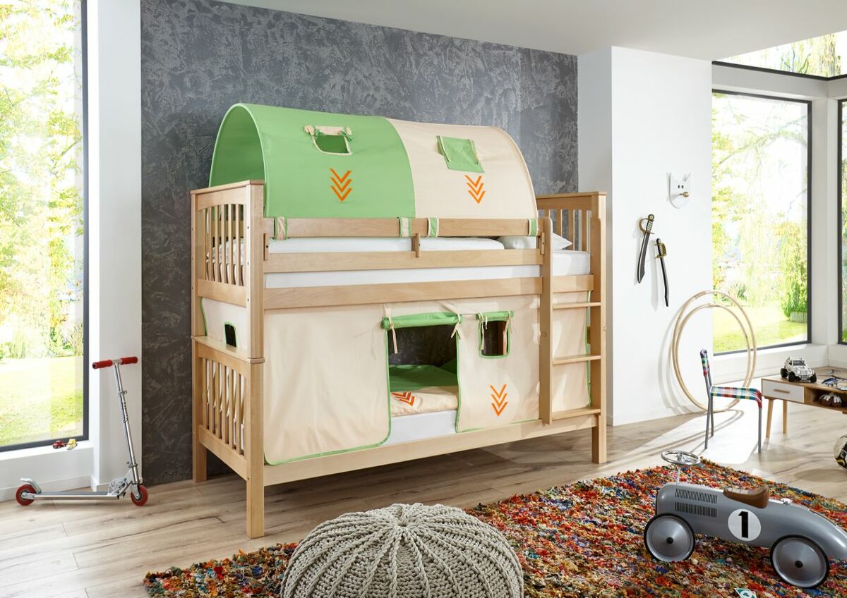 Bild 1 von Relita Etagenbett Kick Buche massiv natur lackiert mit Textilset best. aus Vorhang und 2-er Tunnel ,
