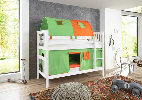 Bild 1 von Relita Etagenbett Kick Buche massiv weiß lackiert mit Textilset best. aus Vorhang und 2-er Tunnel ,