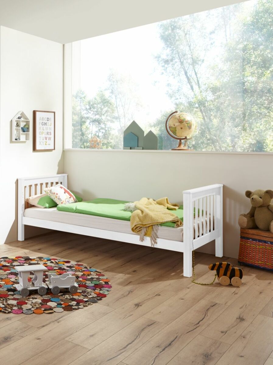 Bild 1 von Relita Einzelbett Kick 90 x 200 cm Liegefläche mit Lattenrost, Buche massiv weiß lackiert