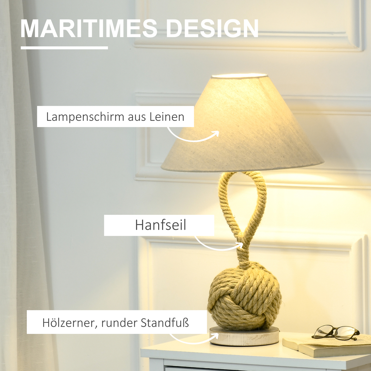 Bild 4 von HOMCOM Tischlampe Maritimes Design Nachttischlampe mit Hanfseil Lampenschirm aus Leinen Lampe 40 W f