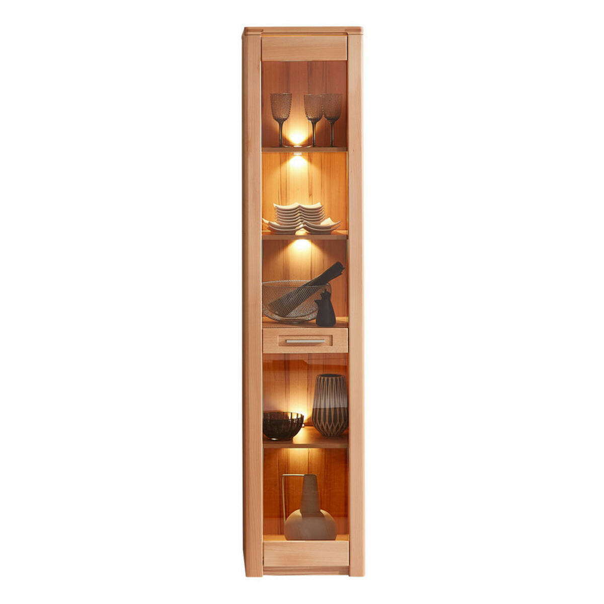 Bild 1 von Carryhome Vitrine, Kernbuche, Metall, Kernbuche, massiv, 4 Fächer, 43x203x40 cm, Typenauswahl, Beimöbel erhältlich, stehend, Beleuchtung, Esszimmer, Vitrinen