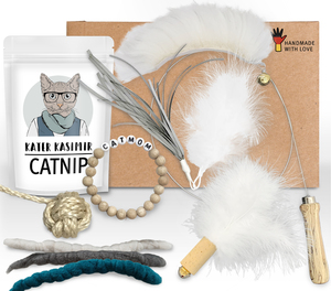 Kater Kasimir Deluxe Set mit 9 beliebten Katzenspielzeugen aus Naturmaterial und handgemachtem CATMOM Armband