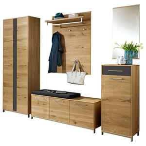 Garderobe, Anthrazit, Eiche, Holz, Glas, Textil, 6-teilig, Eiche, Balkeneiche, furniert, teilmassiv, 265x195x40 cm, Garderobe, Garderoben-Sets