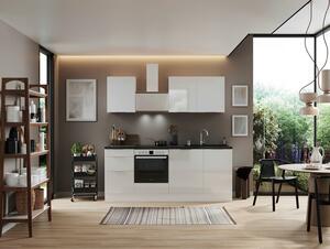 Küchenzeile mit Geräten B: 220 cm Weiß/Granit Optik, Weiß, Weiß Hochglanz