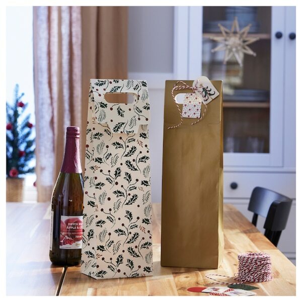Bild 2 von VINTERFINT  Geschenktüte für Flasche, verschiedene Muster elfenbeinweiß/goldfarben 13x41 cm