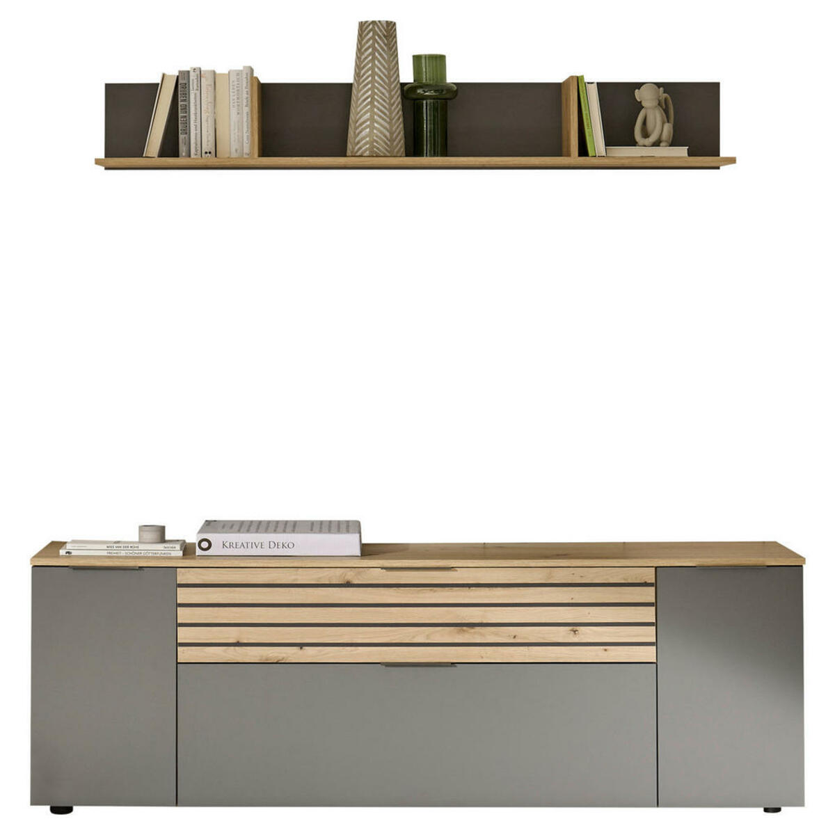 Bild 1 von Mid.you Wohnwand, Grau, Eiche Artisan, Kunststoff, 2-teilig, 2 Fächer, 1 Schubladen, 177x59.4x37 cm, Made in EU, Beimöbel erhältlich, stehend, hängend, Wohnzimmer, Wohnwände, Anbauwände