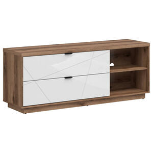 Lowboard, Eiche, Weiß Hochglanz, Metall, 1 Fächer, 2 Schubladen, 156x61x42.5 cm, Wohnzimmer, Wohnwände, Lowboards