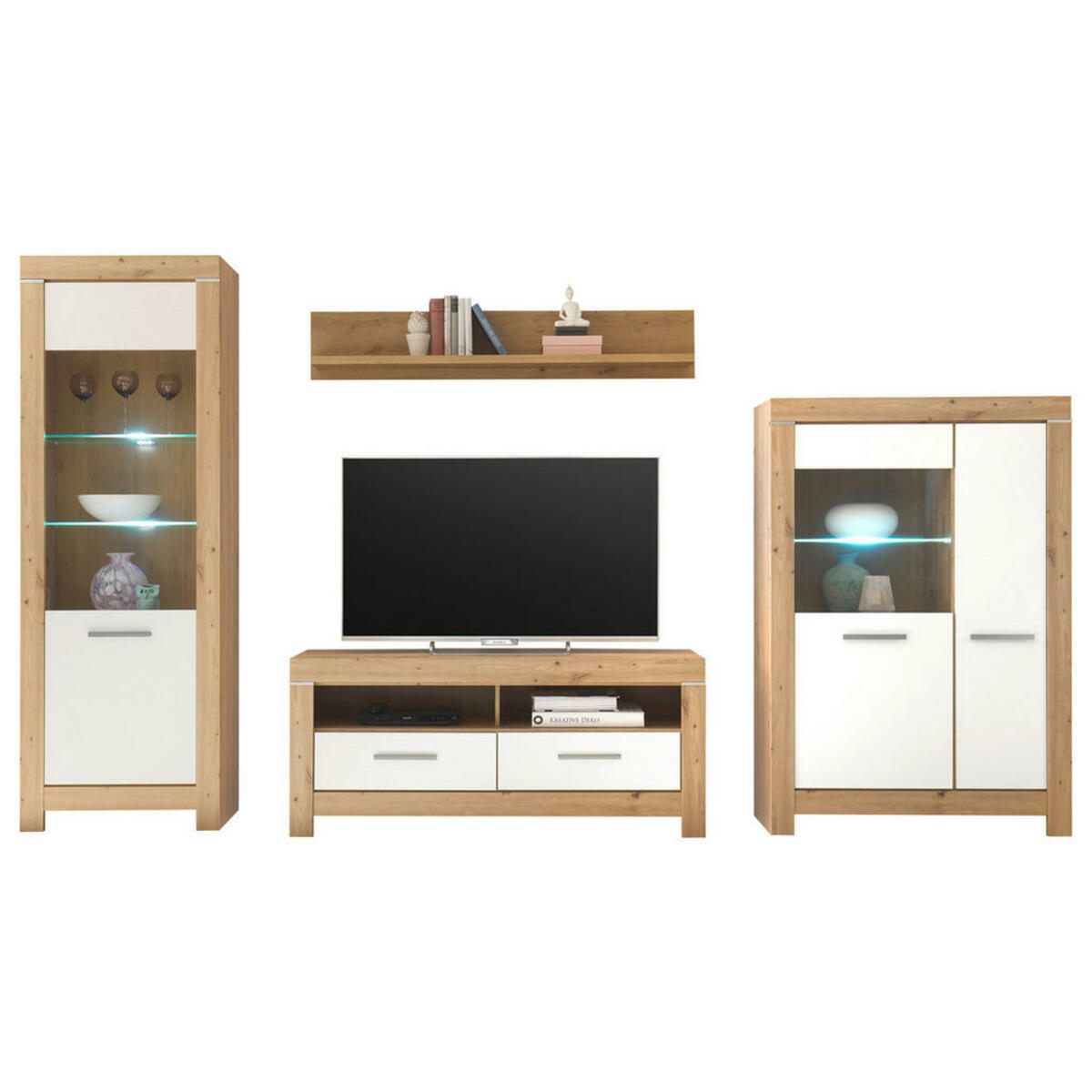 Bild 1 von Mid.you Wohnwand, Weiß, Eiche Artisan, Glas, Holzwerkstoff, 11 Fächer, 2 Schubladen, 325x197x45 cm, Beimöbel erhältlich, stehend, Wohnzimmer, Wohnwände, Anbauwände