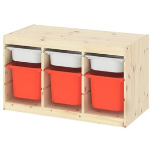 TROFAST  Aufbewahrung mit Boxen, Kiefer weiß gebeizt, hell weiß/orange 93x44x52 cm