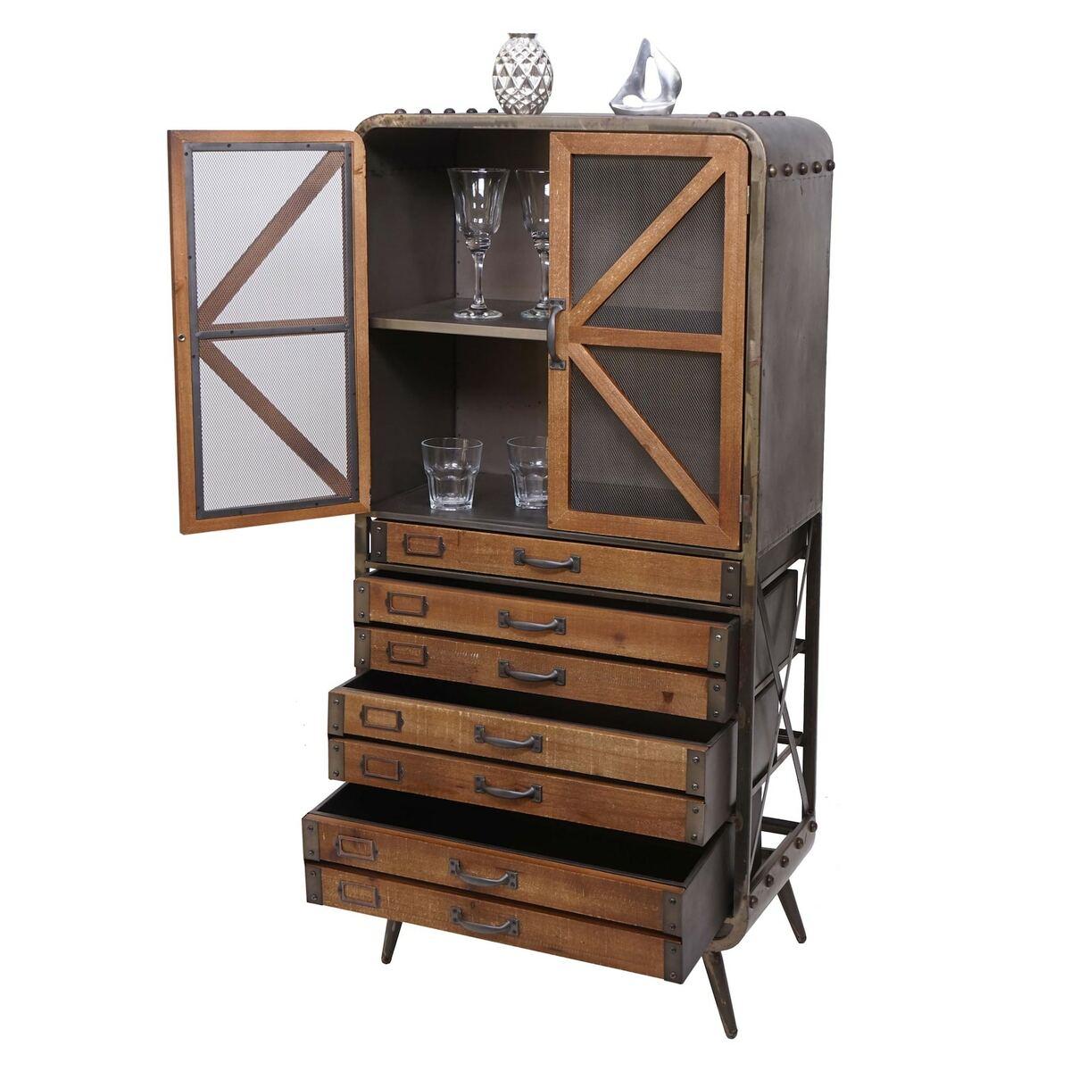 Bild 1 von Hochschrank MCW-F91, Apothekerschrank Wohnzimmerschrank, Industrial Tanne Holz Metall 128x60x33cm, braun-schwarz