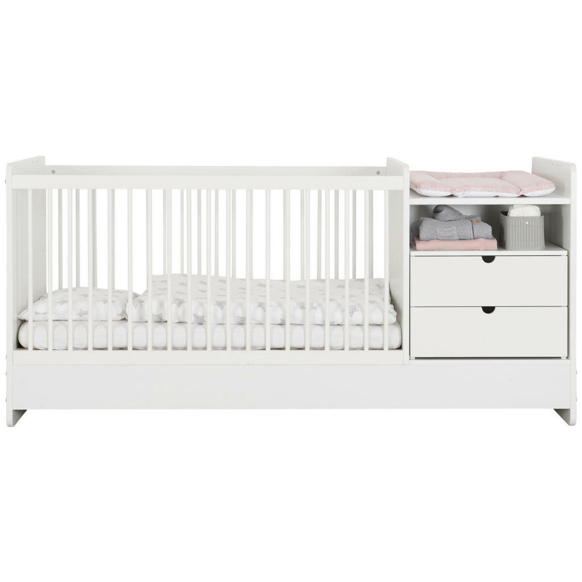 Bild 1 von My Baby Lou Gitterbett All in One, Weiß, Holz, Buche, massiv, 75x95 cm, zum Juniorbett umbaubar, höhenverstellbar, Lattenrost inklusive, Schlupfsprossen, Schreibtisch Nachtschrank mit Wickelkommode