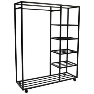 Kleiderwagen, Schwarz, Metall, 100x140x35 cm, Schuhablage, Garderobe, Garderobenständer