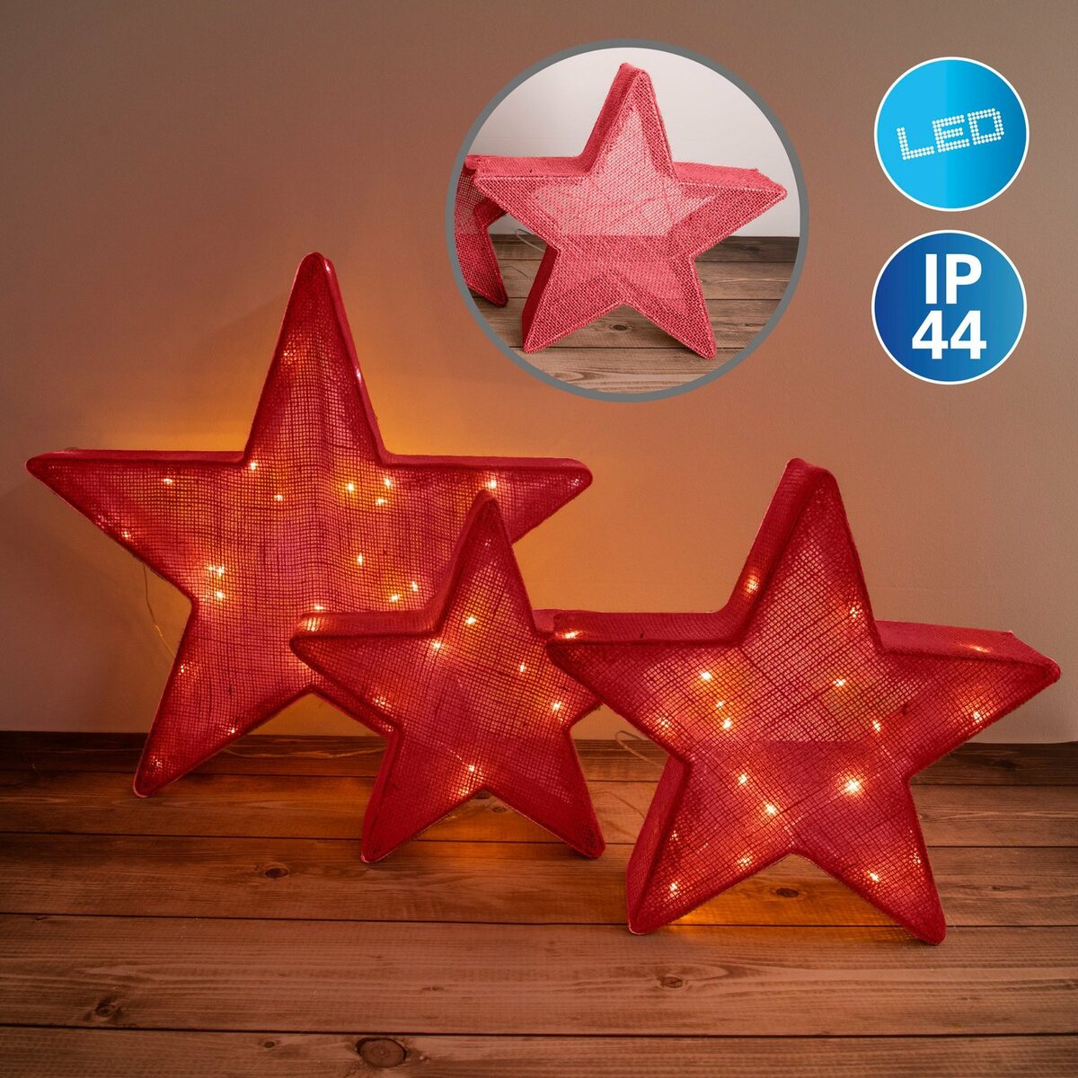 Bild 1 von näve LED Stern Christmas Stars, LED fest integriert, Warmweiß, LED 3er Set>>Christmas Stars<<, rot,1x Zuleitung mit Adapter 4,5V/3.6W
