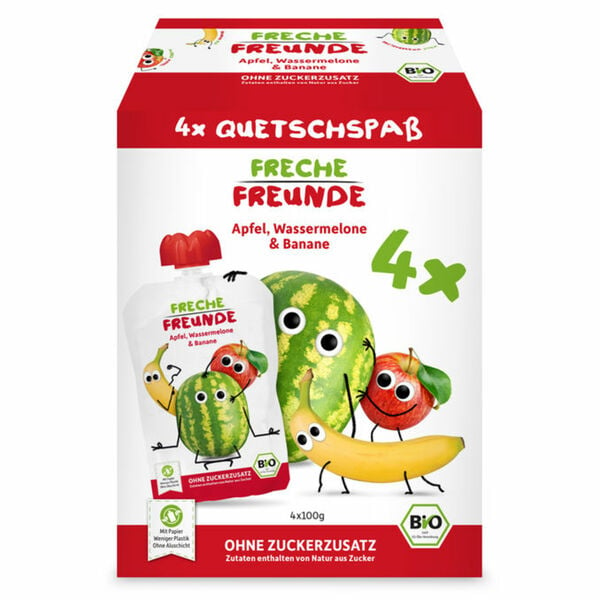 Bild 1 von Freche Freunde BIO Quetschie Apfel, Wassermelone & Banane, 4er Pack