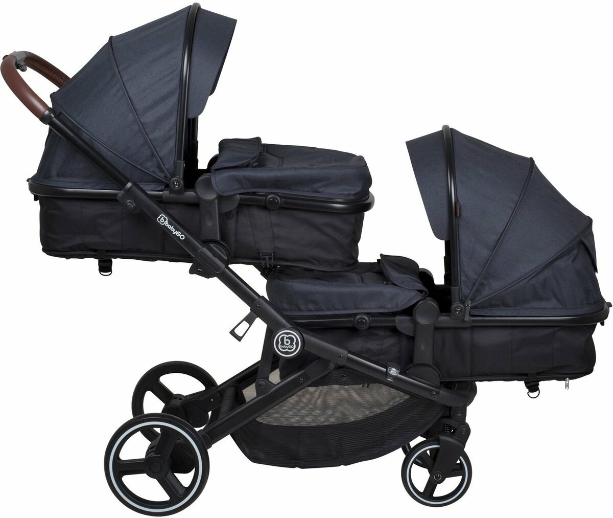 Bild 1 von BabyGo Zwillingswagen Twinner, Grey melange, inkl. 2 Regenhauben, 2 Nachtlichter u. Wickeltasche, Geschwisterwagen