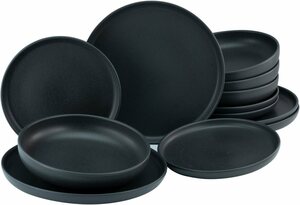 CreaTable Tafelservice Geschirr-Set Uno Black (12-tlg), 4 Personen, Steinzeug, Service, schwarz, seidenmatte Spezialglasur,12 Teile, für 4 Personen