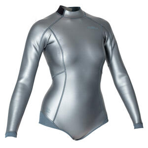 Neopren Shorty Freediving Langarm Damen 500 Glide Skin grau/metallic Blau|grau