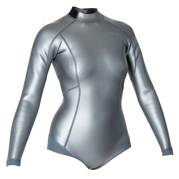 Bild 1 von Neopren Shorty Freediving Langarm Damen 500 Glide Skin grau/metallic Blau|grau