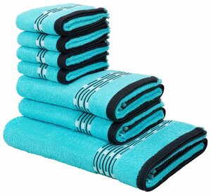 My home Handtuch Set Jonnie, Walkfrottee, (Set, 7-tlg), Handtücher aus 100% Baumwolle, Handtuchset mit gemusterter Bordüre, Blau