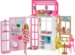 Barbie Puppenhaus klappbar inkl. Puppe (blond) und Zubehör, zum Mitnehmen, klappbar