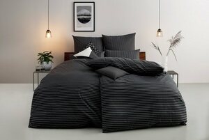 Bettwäsche Jassen in Gr. 135x200 oder 155x220 cm, Bruno Banani, Renforcé, 3 teilig, moderne Bettwäsche aus Baumwolle, Bettwäsche mit Streifen-Design, Grau|schwarz
