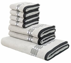 My home Handtuch Set Jonnie, Walkfrottee, (Set, 7-tlg), Handtücher aus 100% Baumwolle, Handtuchset mit gemusterter Bordüre, Grau