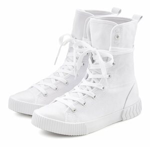 LASCANA Stiefelette, High Top Sneaker, Schnürschuh, Textil-Boots, trendiger Combat Look, Weiß