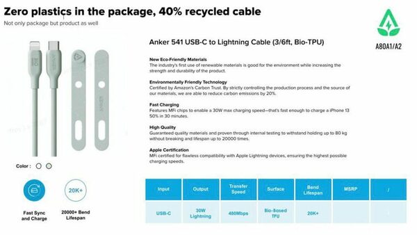 Bild 1 von Anker 541 USB-C-auf-Lightning-Kabel (biobasiert) Smartphone-Kabel, Lightning, USB-C (180 cm)