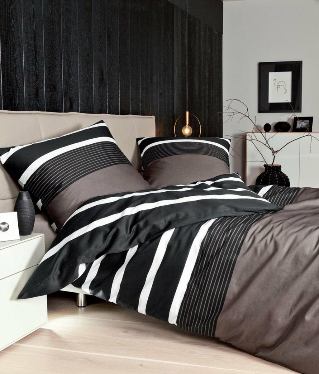 Bild 1 von Bettwäsche J. D. 8468 in Gr. 135x200, 155x220 oder 200x200 cm, 100% Baumwolle, Janine, Feinbiber, 2 teilig, Bettwäsche im Streifen-Design in verschiedenen Qualitäten, Braun|schwarz