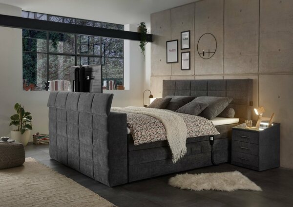 Bild 1 von ED EXCITING DESIGN Boxspringbett Denver, inkl. Motor, Topper und motorisierter TV-Halterung bis 40 Zoll, Grau