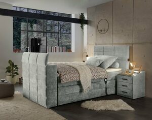 ED EXCITING DESIGN Boxspringbett Denver, inkl. Motor, Topper und motorisierter TV-Halterung bis 40 Zoll, Grau