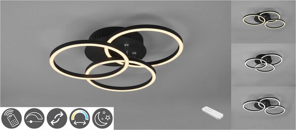 Bild 1 von TRIO Leuchten LED Deckenleuchte Circle, Memoryfunktion, Nachtlichtfunktion, LED fest integriert, warmweiß - kaltweiß, Deckenlampe schwarz matt mit schwenkbaren Ringen / inkl. Fernbedienung