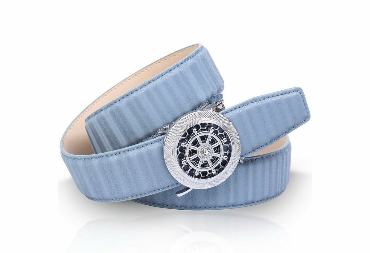 Bild 1 von Anthoni Crown Ledergürtel mit silberfarbener Automatik-Schließe und drehendem Steuerruder, Blau