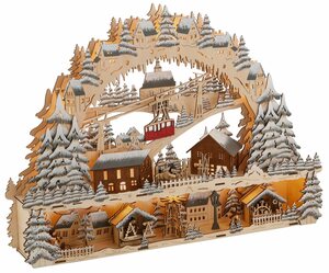 My home Schwibbogen Podest und Seilbahn, Skihütte und Weihnachsmarkt, Weihnachtsdeko, Breite ca. 64 cm, Beige|braun|grün|rot