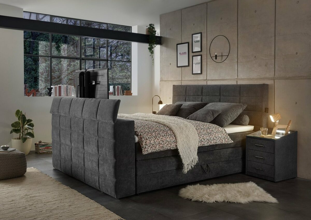 Bild 1 von ED EXCITING DESIGN Boxspringbett Denver, inkl. 1 bzw. 2 Bettkästen, motorisierte TV-Halterung bis 40 Zoll, Grau