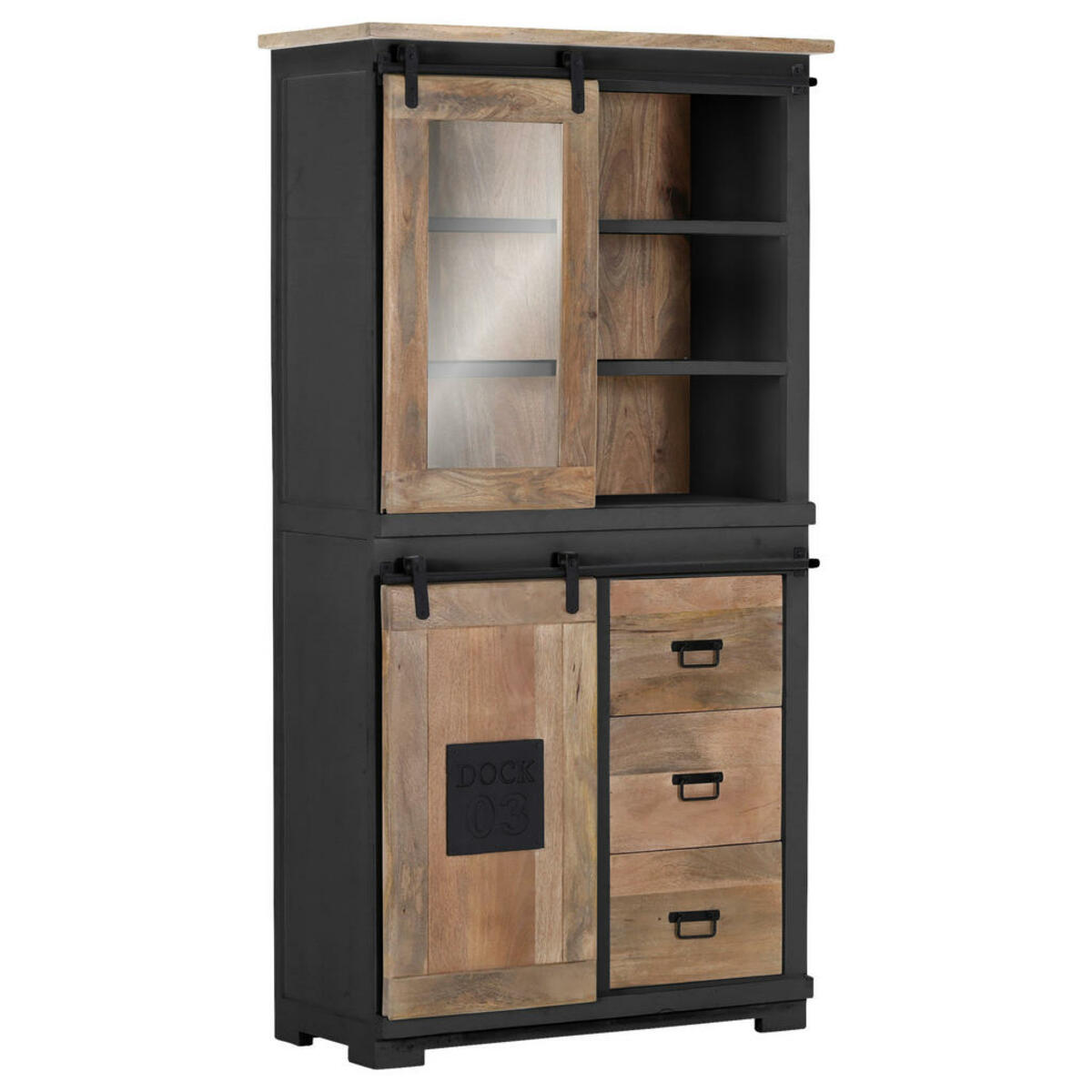 Bild 1 von Landscape Vitrine, Natur, Braun, Schwarz, Holz, Metall, Glas, Mangoholz, massiv,furniert, massiv, 3 Fächer, 3 Schubladen, 100x190x45 cm, Typenauswahl, Beimöbel erhältlich, stehend, Esszimmer, Vitr