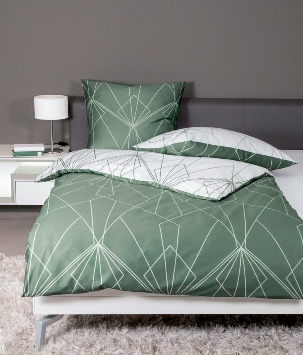 Bild 1 von Wendebettwäsche J. D. 87054 in Gr. 135x200, 155x220 oder 200x200 cm, Janine, Mako-Satin, 2 teilig, Bettwäsche aus Baumwolle mit grafischem Muster, Markenreißverschluss, Grün