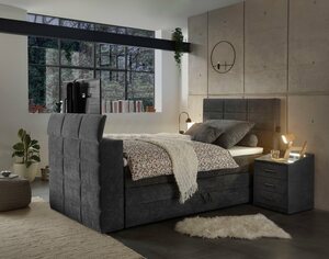 ED EXCITING DESIGN Boxspringbett Denver, inkl. 1 bzw. 2 Bettkästen, motorisierte TV-Halterung bis 40 Zoll, Grau
