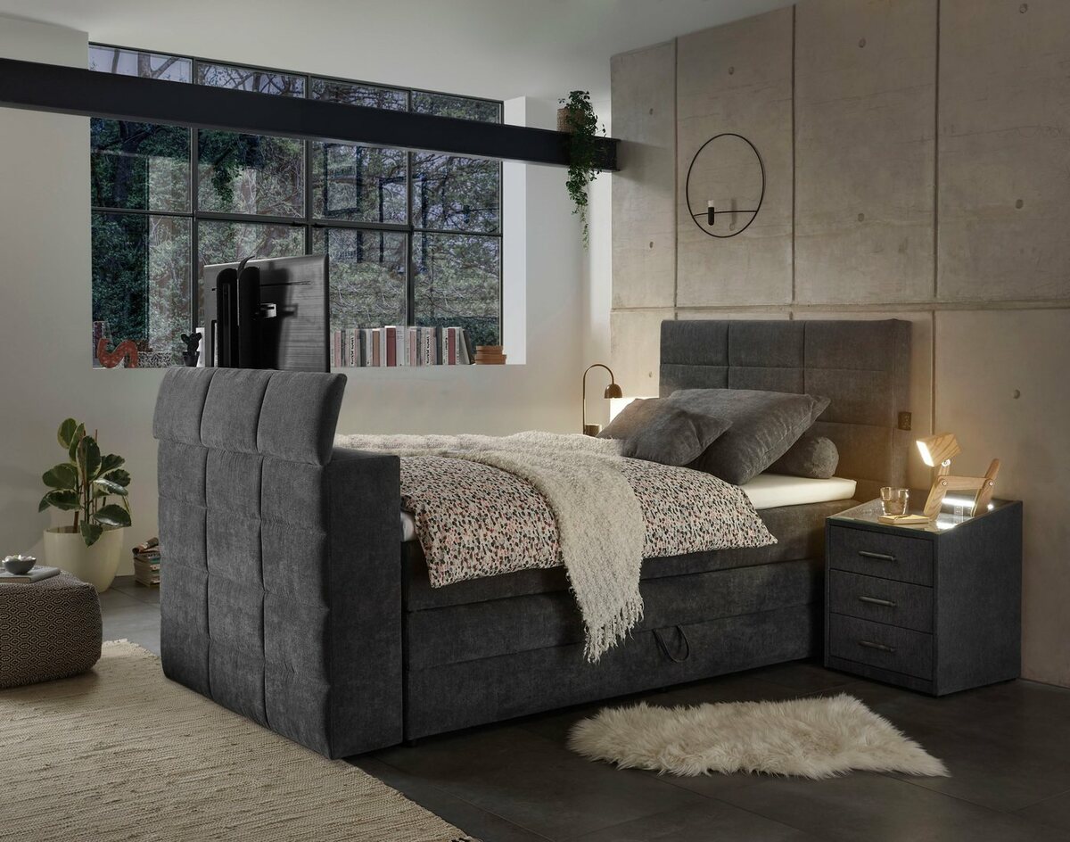 Bild 1 von ED EXCITING DESIGN Boxspringbett Denver, inkl. 1 bzw. 2 Bettkästen, motorisierte TV-Halterung bis 40 Zoll, Grau