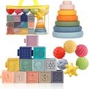 Bild 1 von Montessori Spielzeug Set für Babys und Kleinkinder Weiche Bausteine, Bälle, Ringe, Einhorn Lernspielzeug Beißring, Stapelspiel, Sensorik Spielzeug für Kinder von 6 Monaten bis 2 Jahren 20-Teilige