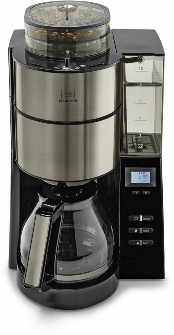 Bild 1 von Melitta Kaffeemaschine mit Mahlwerk AromaFresh, 1,25l Kaffeekanne, Papierfilter 1x4, Glas 1021-03 anthrazit, Schwarz