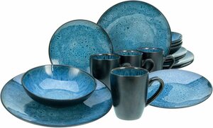CreaTable Kombiservice Geschirr-Set Capri (16-tlg), 4 Personen, Steinzeug, Service, intensiv blaue Reaktivfarbe, Bicolor, 16 Teile für 4 Personen, Blau