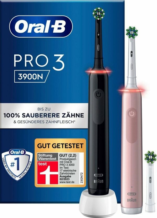 Bild 1 von Oral-B Elektrische Zahnbürste Pro 3 3900, Aufsteckbürsten: 3 St., Doppelpack 3 Putzmodi, Schwarz