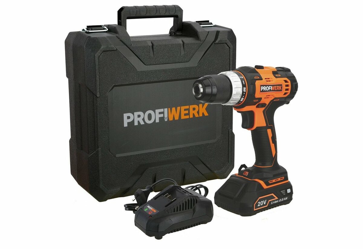 Bild 1 von Profiwerk Akku-Bohrschrauber PWBS-01-Kit 20V, (2,0Ah Akku, Netzteil, Transportkoffer, Bit-& Bohrerset), Orange|schwarz