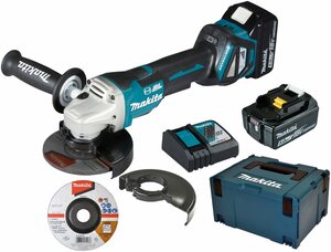 Makita Akku-Winkelschleifer DGA517RTJ, max. 8500 U/min, (Set, 8 tlg), 18 V / 5,0 Ah mit Paddleschalter, Blau|schwarz