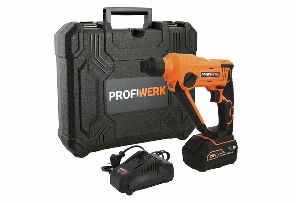 Bild 1 von Profiwerk Akku-Schlagbohrmaschine PWSBH-01-Kit 20V, SDS plus, max. 900 U/min, max. Bohrleistung 16/8/10 mm, 4,0Ah Akku, Netzteil, Transportkoffer, Orange|schwarz