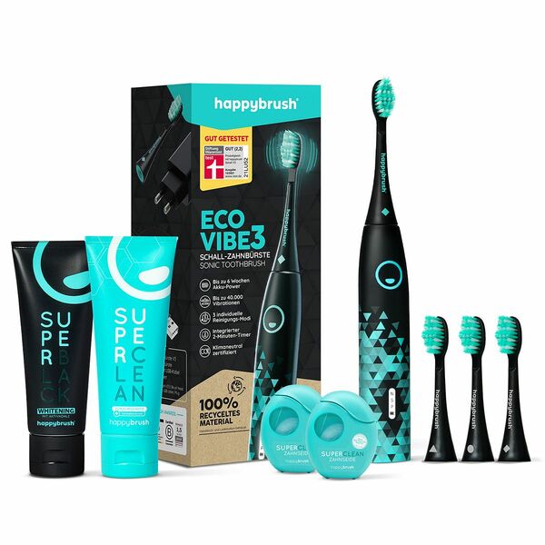 Bild 1 von HAPPYBRUSH® V3-Schallzahnbürste mit 4 Aufsteckbürsten 2x Zahnseide & 2x Zahnpasta à 75ml